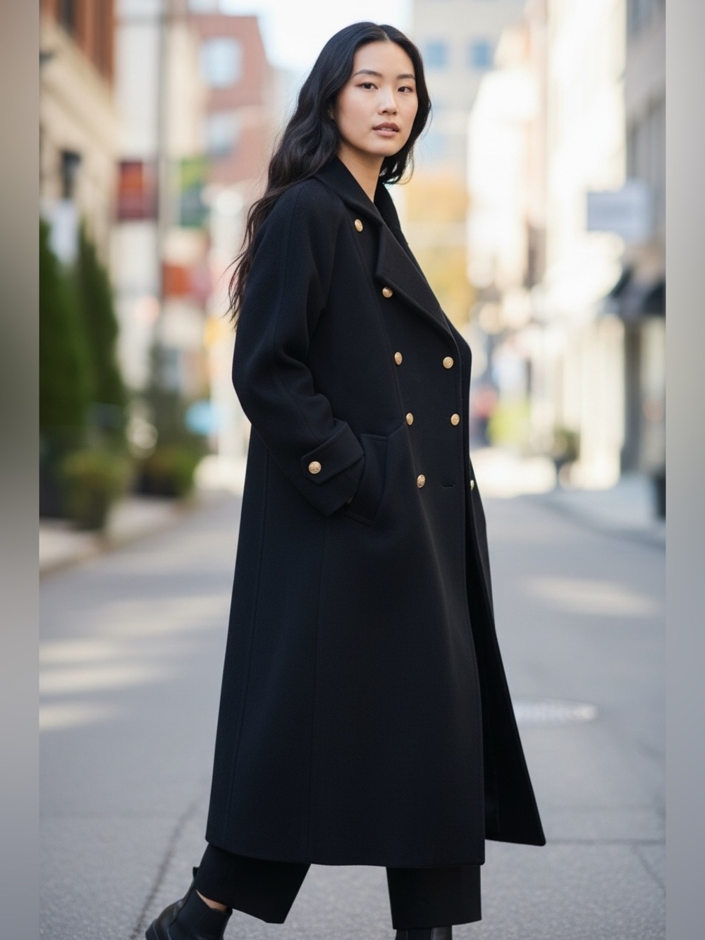 Cactus Black Double-Breasted Cashmere Pea Coat with Gold Buttons
